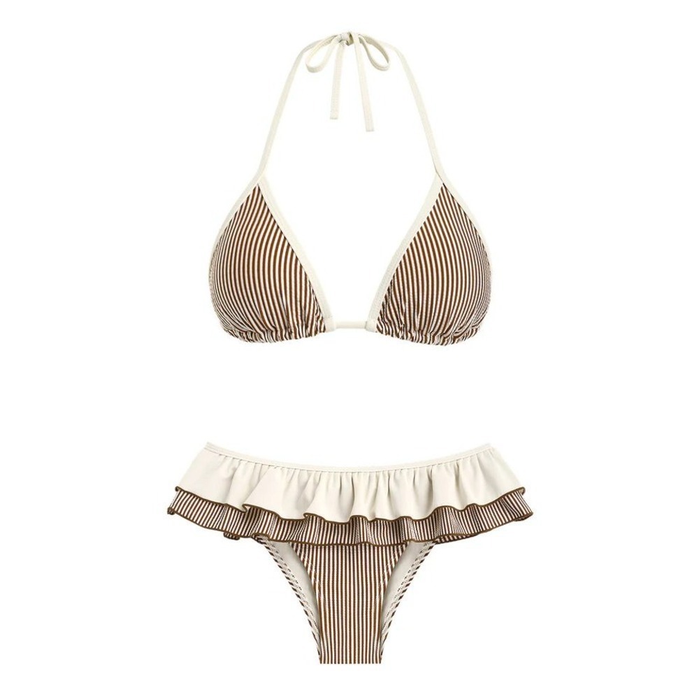 Seamolly Contrast Binding Striped Layered Peplum Halter Skirtini Bikini Set NWT
